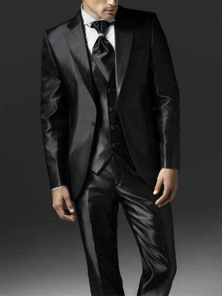 2024 Style Black Two Bottom Satin Beach Men Suit Mens Wedding Prom Suits Costume Homme 3 Pieces JacketPantVest 250506