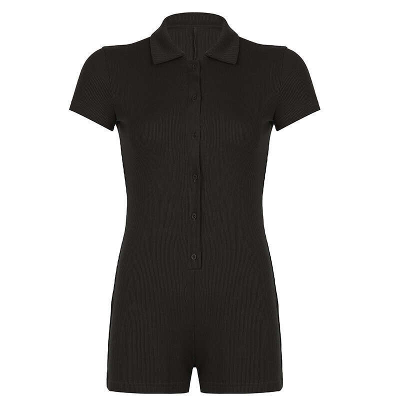 European And American Solid Color Lapel Breasted Ribbed Tight Casual Jumpsuit Basic Shorts B5