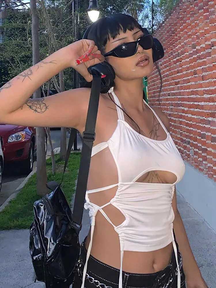 Y2K Sexy Backless Summer Crop Top Women Hollow Out White Sleeveless Bandage Halter Tank Tops Streetwear Cami 90s M250513