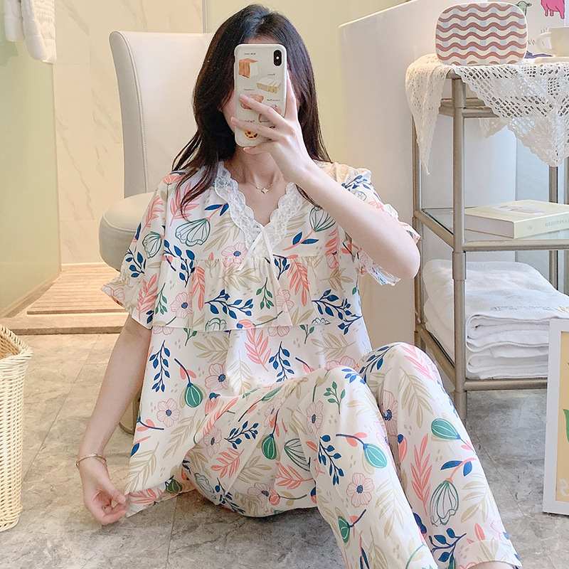 B874-Cotton silk pajamas women summer thin short-sleeved trousers loose artificial cotton suit large size outer wear home clothes