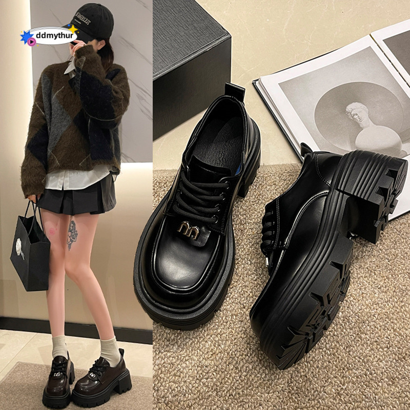 British small leather shoes for women 2025 new style spring and autumn versatile sole height increasing loafers thick heel lace up uniform single shoe