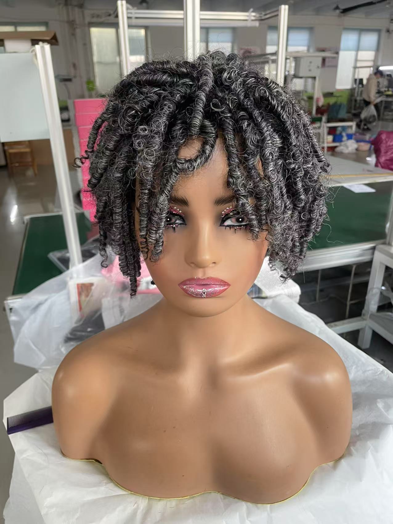 African hot Gray Wigs Short Silver Grey dreadlock crochet braids Kinky Curly Wigs For Women salt and pepper Top Machine Made Wig 150%Density
