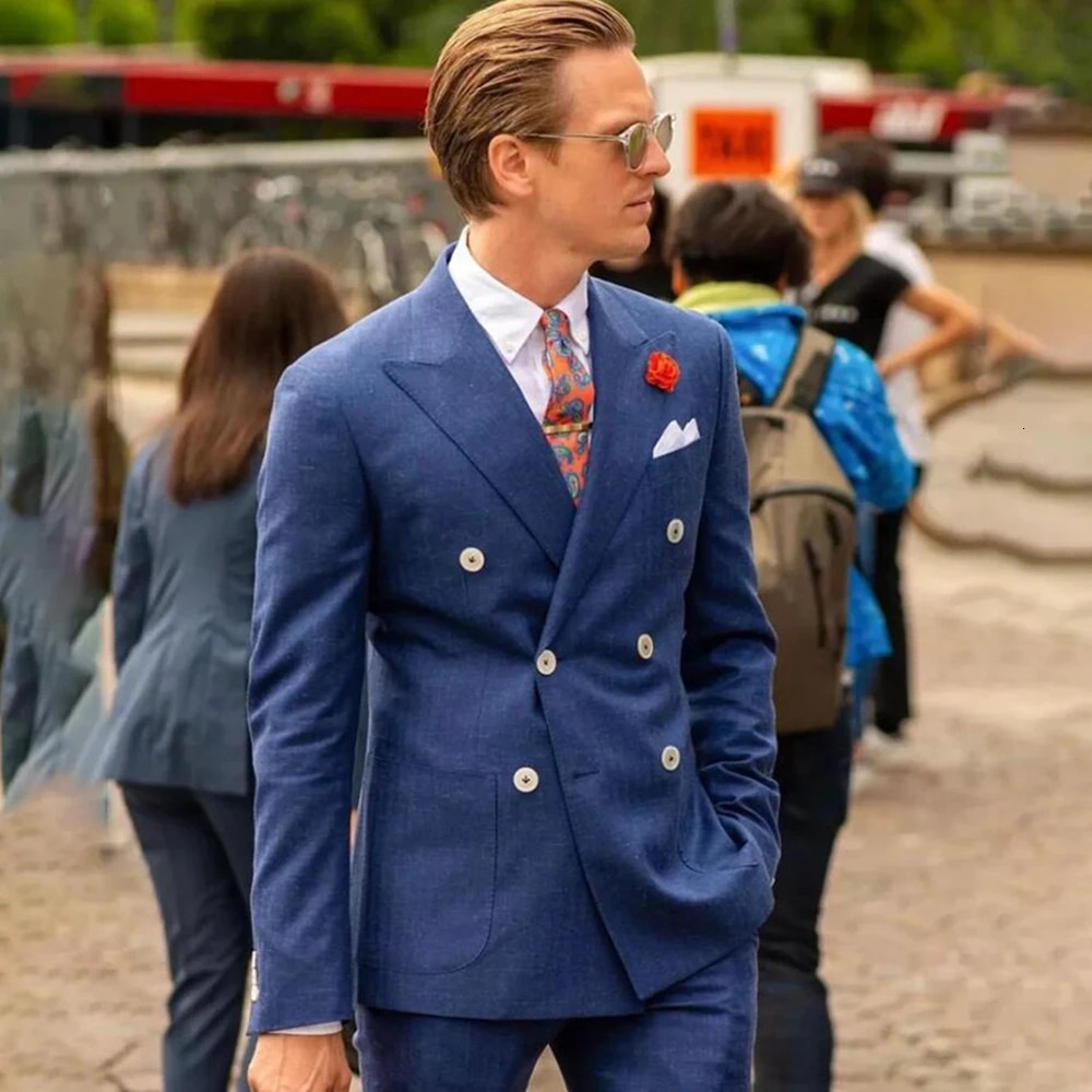 Navy Blue Mens Suits Notched Double Breasted Business Blazer Wedding Groom Tuxedo Customized 2 Piece Jacket Pants Costume Men 250506