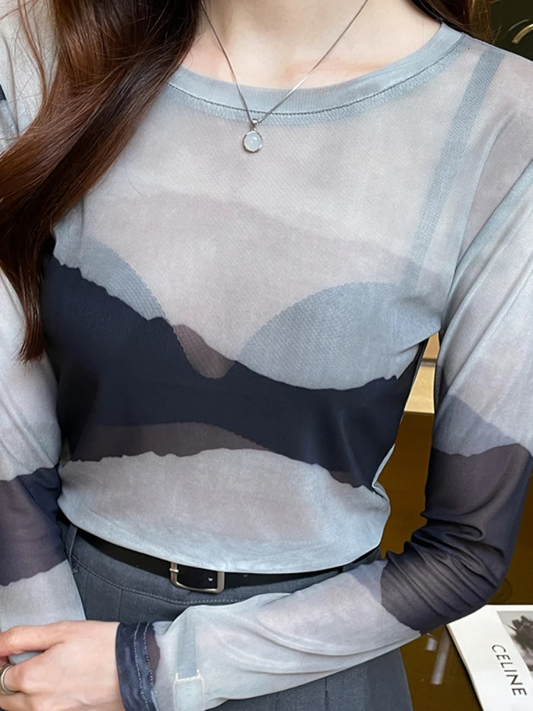 Spring Summer Womens Long Sleeve Sexy Print Mesh Top T Shirts Transparent Punk Club Streetwear Tees Beach Tops 250513
