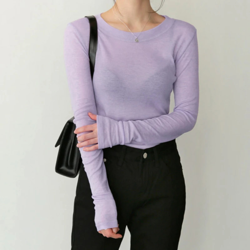 High Quality Plain T Shirt Women Cotton Elastic Basic Tshirt Female Casual Tops Long Sleeve Sexy Thin See Through 250513