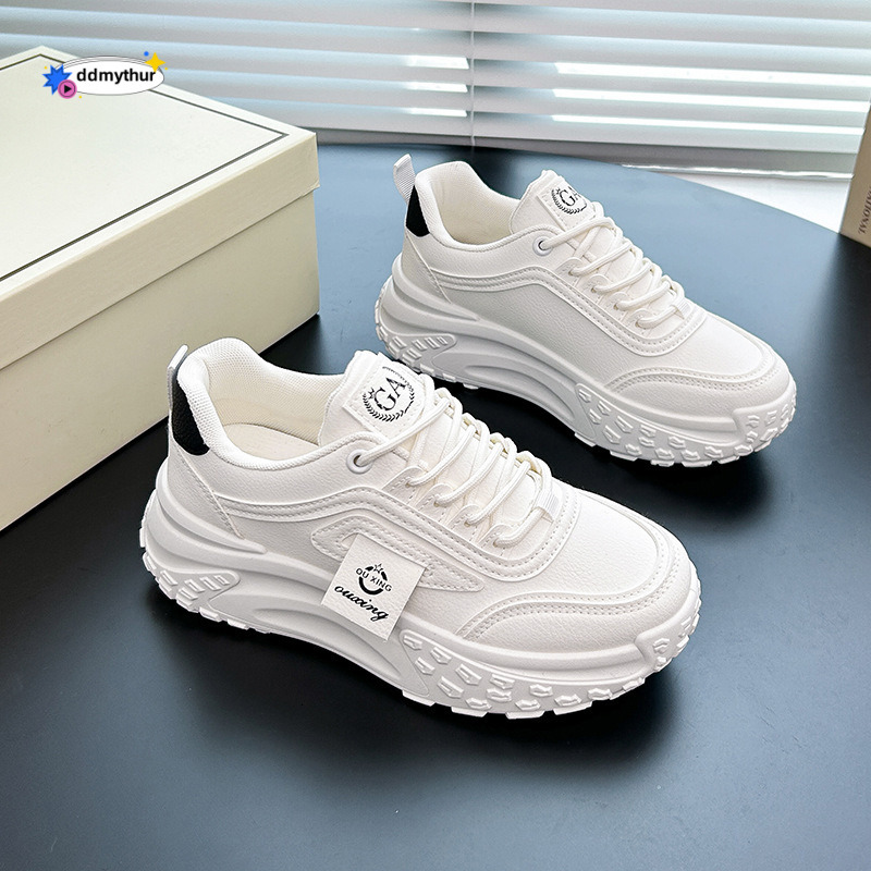 Show off little dad 2024 new spring leather waterproof casual sports thick soled mesh shoes for women ddmythur