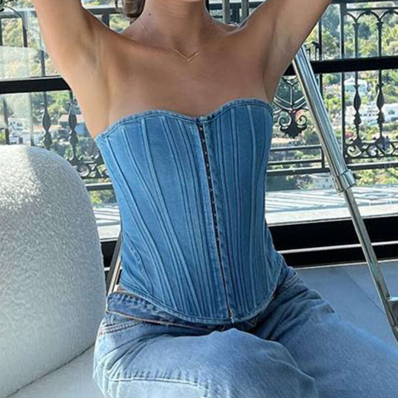 Summer Women's Hot Girl Solid Color Single Breasted Irregular One Lined Cowboy Waist And Chest B5