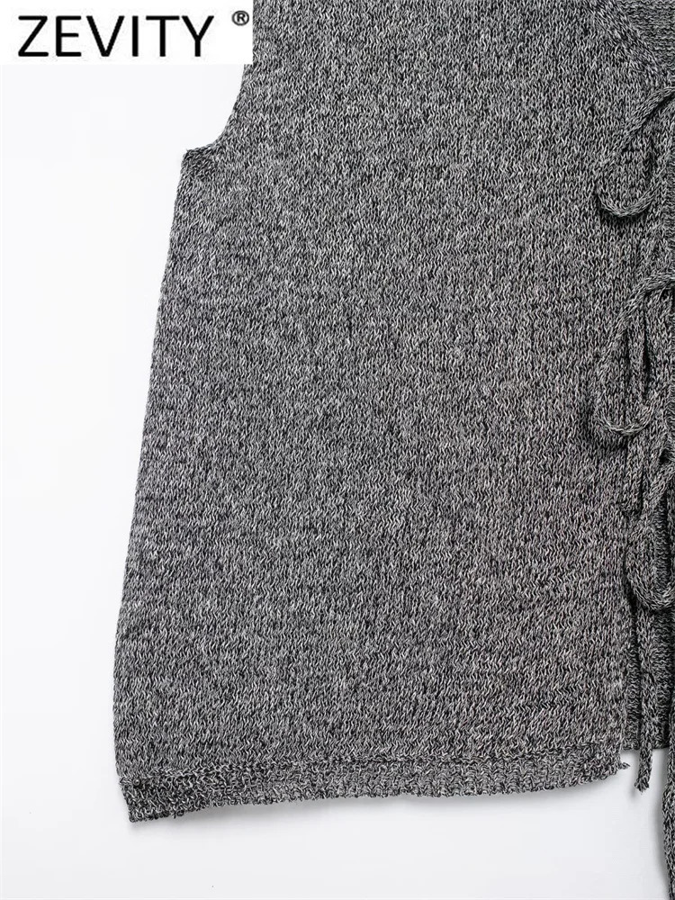 Zevity Womens French Casual Vneck Sleeveless Grey Knitted Tank Top Sweater Fashion Open Collar Lace SW6275 250506