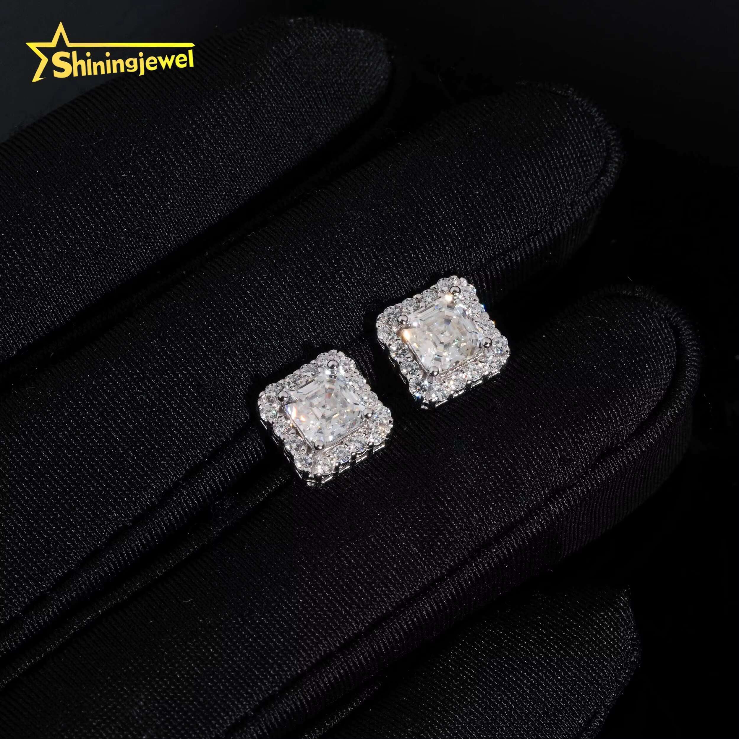 Diamond Jewelry Iced Out Square Princess Cut Hip Hop Screw Back 925 Silver Moissanite Stud Earrings