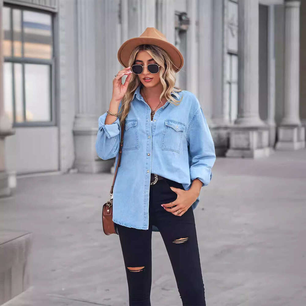 Manufacturer direct sales of European American new light colored slimming denim long sleeved shirt for women in 2025, with a unique and elegant temper