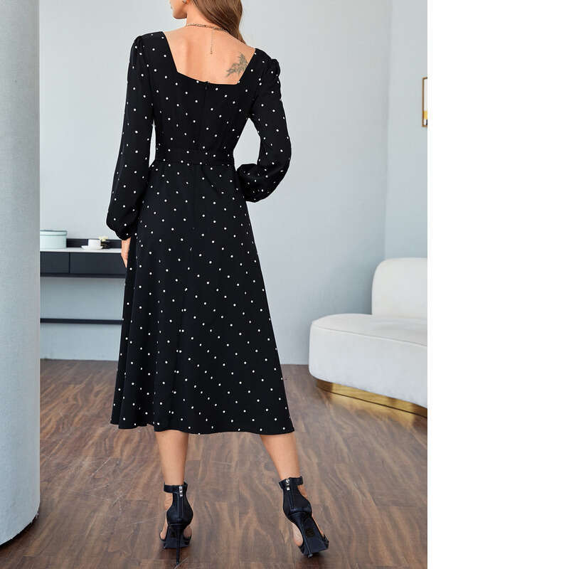 Wave dot print U-neck dress new sleeved temperament, waist cinching and swinging long skirt