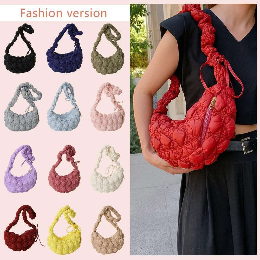 Women Cloud Pleatd Nylon Quilted Crossbody Bag Zipper Solid Color Drawstring Strap Adjustable Female Casual Handbag