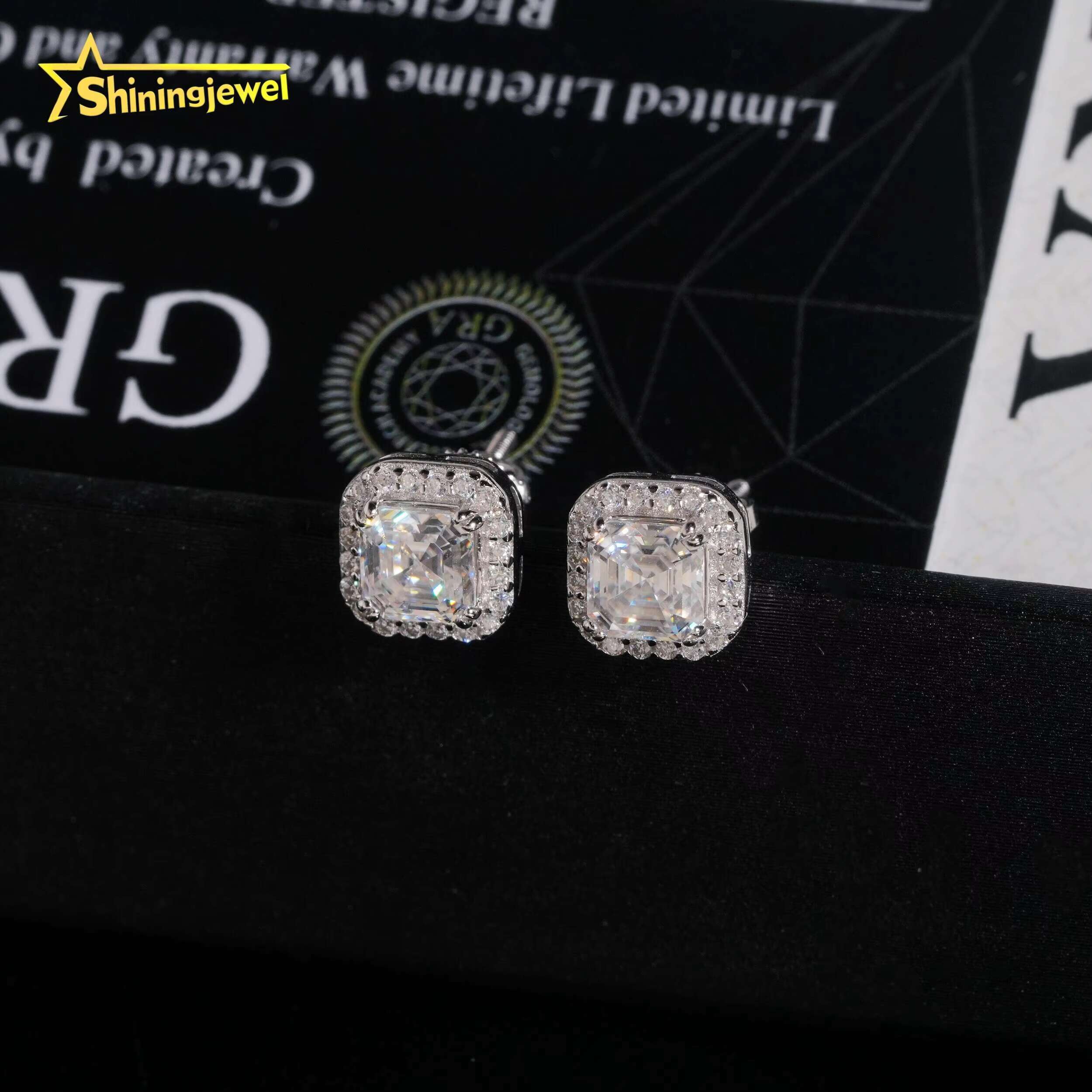 Hip Hop Jewelry Screw Back 925 Silver Halo Asscher Cut 5*5mm Mens VVS Moissanite Earrings