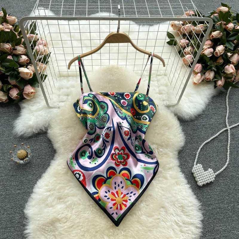 Womens Sexy Backless asymmetrical lace-up Camis Print Tank Top Chic One-piece Corset Bustier Summer Beach vacation Crop Top M250513