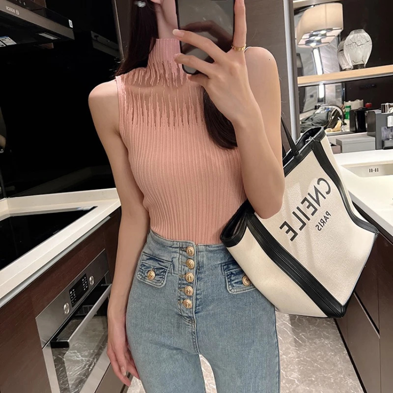 Half Neck Vest Female Sleeveless Sweater Chic Cut Out Streetwear Solid Skinny Tube Top Mesh Knitted Women Y2K Tank 250513