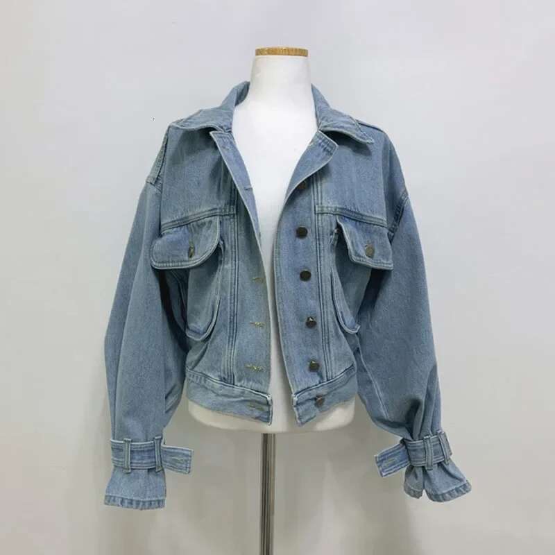 Cropped Oversized Denim Jacket Women Spring Autumn Outerwear Stylish Puff Sleeve Washed Blue Ladies Jeans Jackets Coat