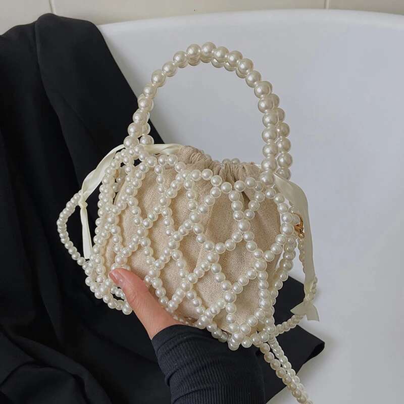 French Retro Handbag Fairy Popular Woven Beaded Bucket Crossbody Summer Niche Design Hollowed Out Pearl Women Bag