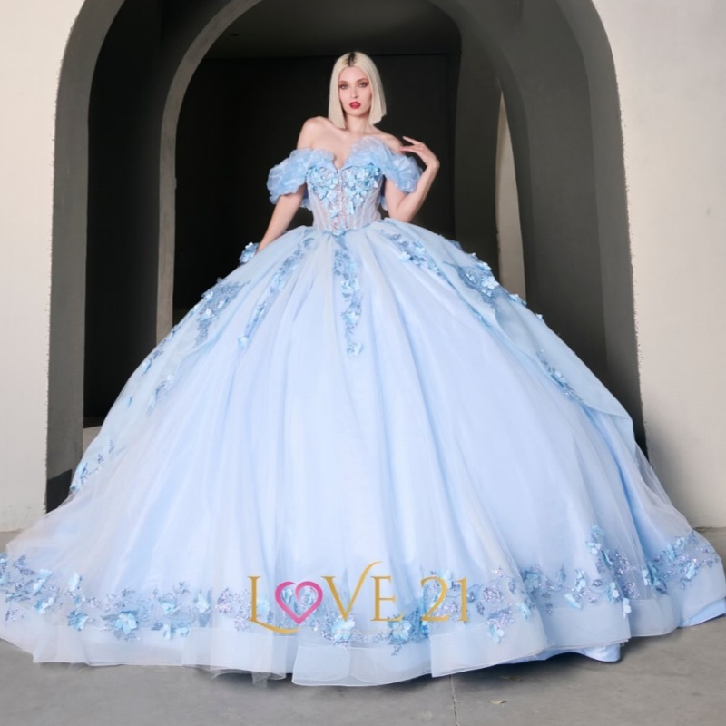 Sky Blue Shiny Quinceanera Dresses Off Shoulder Ball Gown Sweet 16 Dress Beads Applique Flower Tull Corset Birthday Party Vestidos 15 Anos