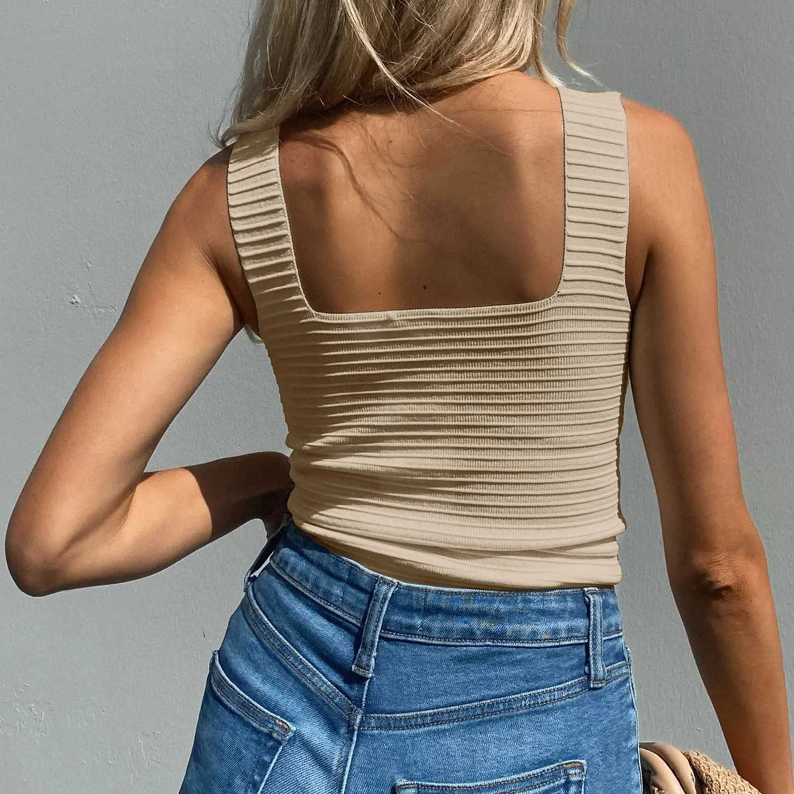 Womens Tank Tops Summer Sleeveless Square Neck Shirts Casual Slim Fitted Knit Shirts Female Soft Casual Womens Black Tank M250513