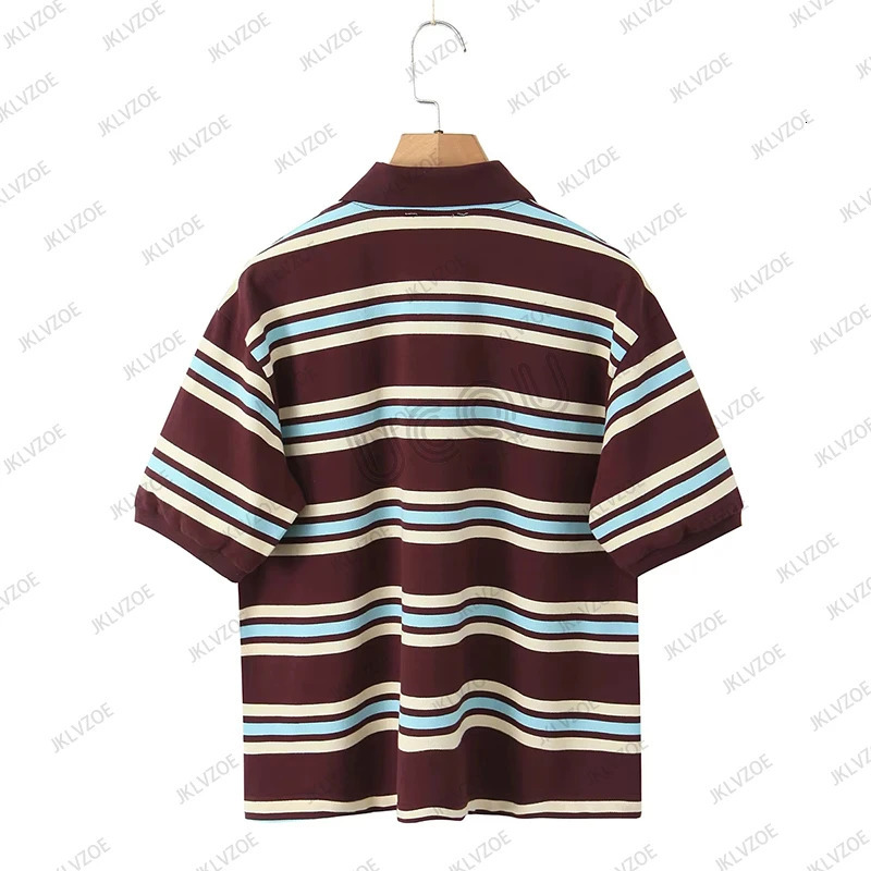 Summer Womens Striped Printed Polo Shirt Short Sleeve Lapel Tees Ladies Clothes Casual Oversized Loose Streetwear Y2K Tops 250513