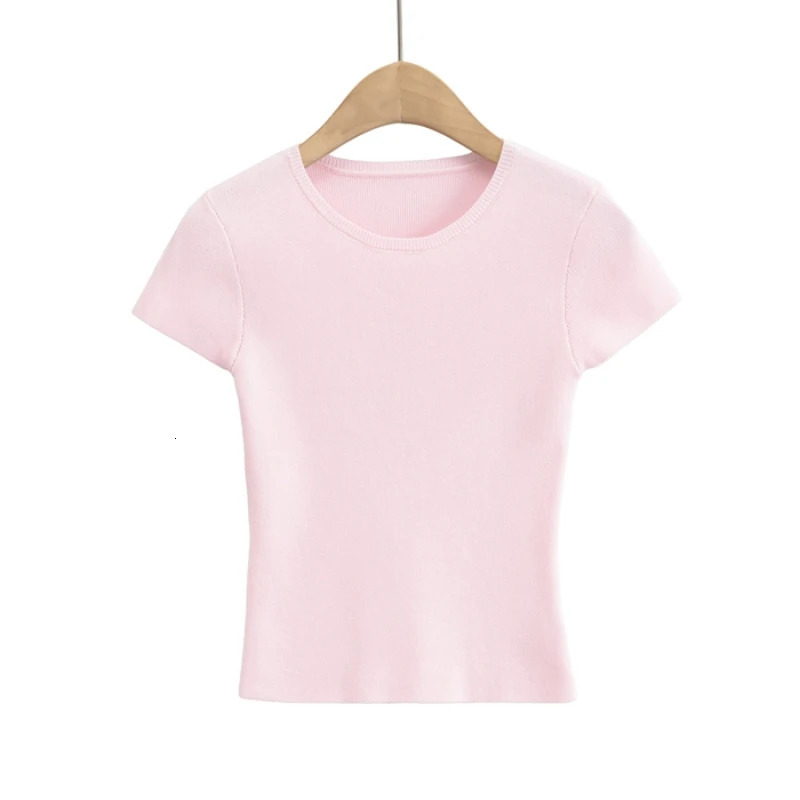 Womens Short Sleeve Crop Top Solid Slim Fit Crew Neck Tee Basic Skinny Knit Tight Athletic Casual Workout Yoga Tshirt 250513