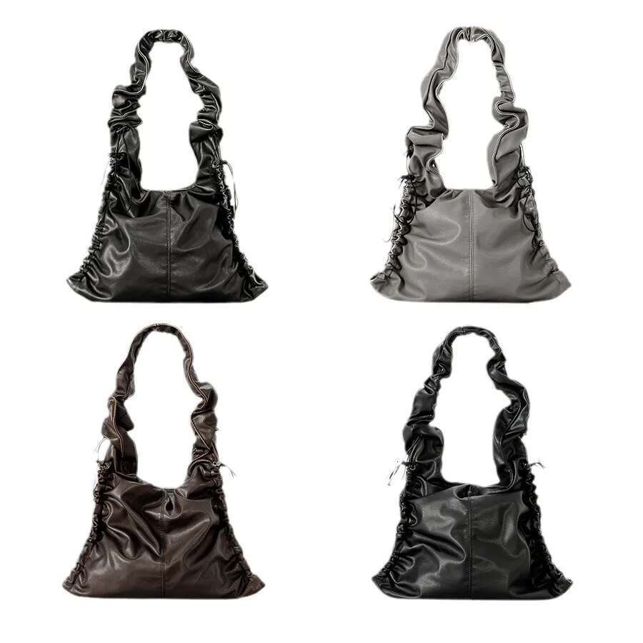 Vintage Ruched Drawsting Women Shoulder Bags Casual Lady Handbags Pu Leather Underarm Bag Y2k Tote Purses 2024