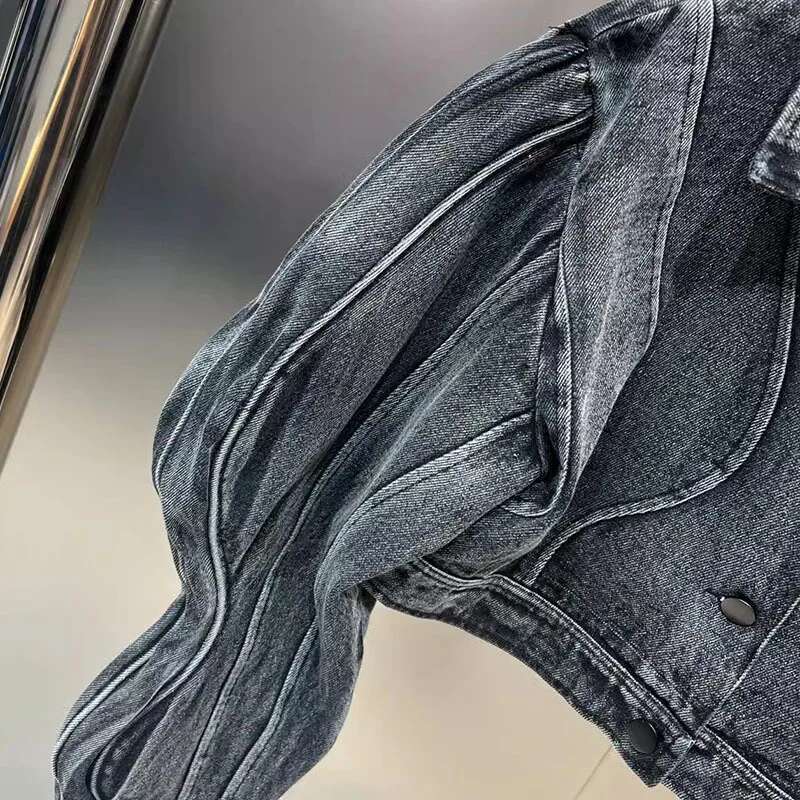DEAT Fashion Trend Three-dimensional Line Denim Coats For Women High Street Lapel Long Sleeve Jacket Female Spring New 11P038