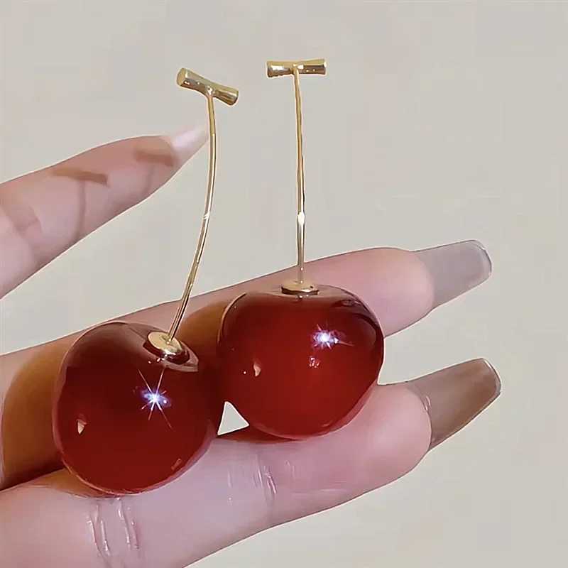 Sweet Red Cherry Earring for Women Trendy Korean Small Fresh Sweet Lovely Cherries Pendant Fruit Earrings Party Jewelry Gifts Y250510