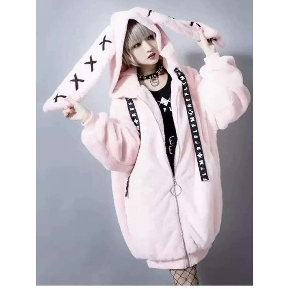 Lautaro Autumn Oversized Sweet Cute Soft Purple Black Faux Fur Coat Women with Bunny Ears Kawaii Loose Fluffy Jacket Hoodie 2023