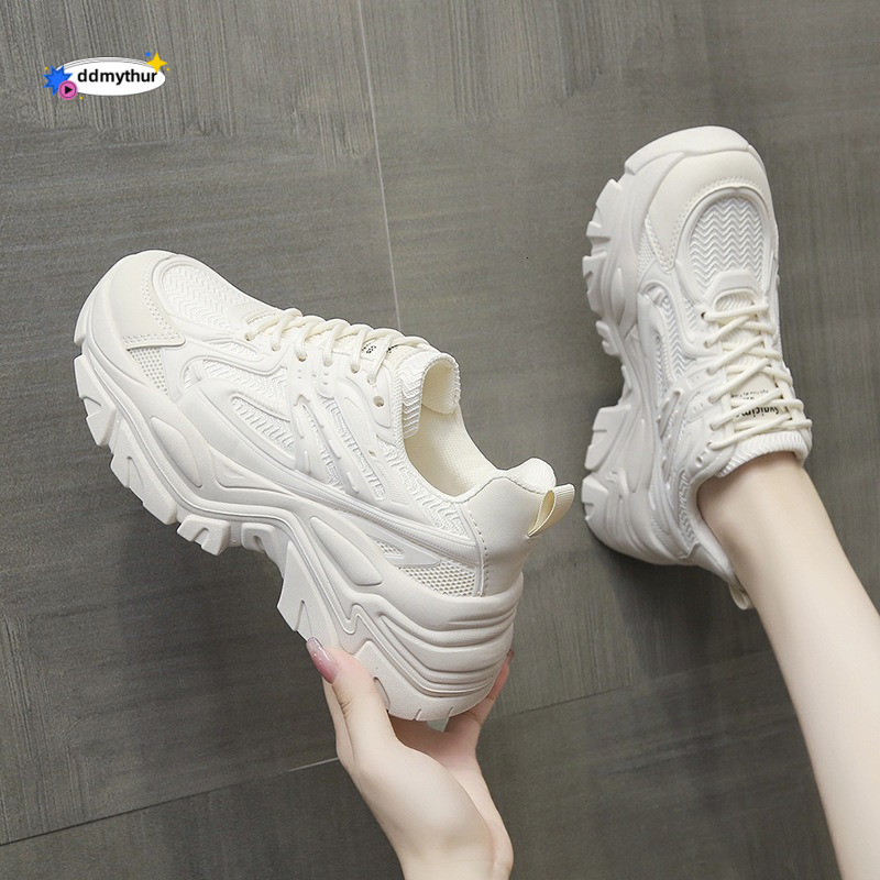 2025 New Short Dad Women's Summer Breathable Sports Mesh Thick soled Fashionable Casual White Shoes ddmythur