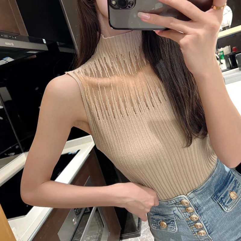 Half Neck Vest Female Sleeveless Sweater Chic Cut Out Streetwear Solid Skinny Tube Top Mesh Knitted Women Y2K Tank 250513