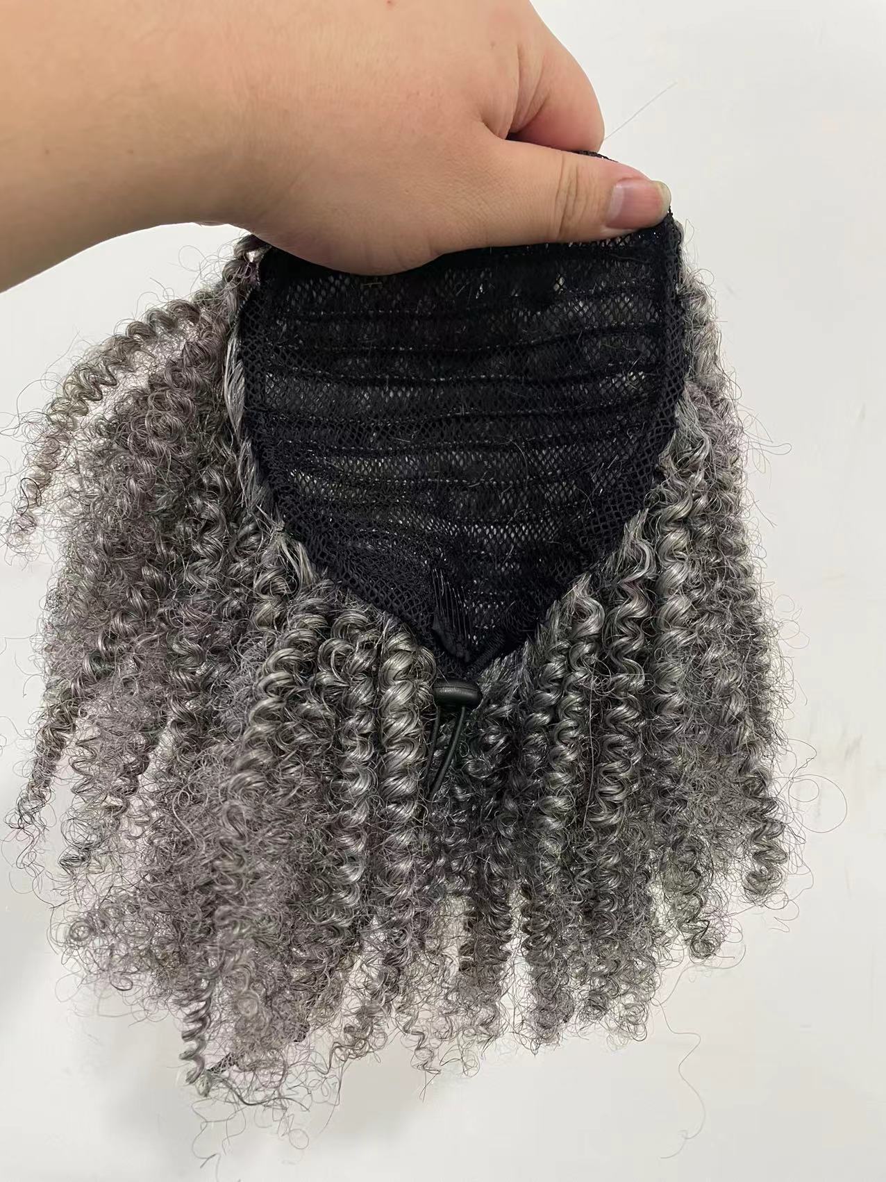 Silver Grey kinky curly hair puff pony tail clip hairpiece, 1pc Clip in african american 4c afro curl ponytail gray human hair extension