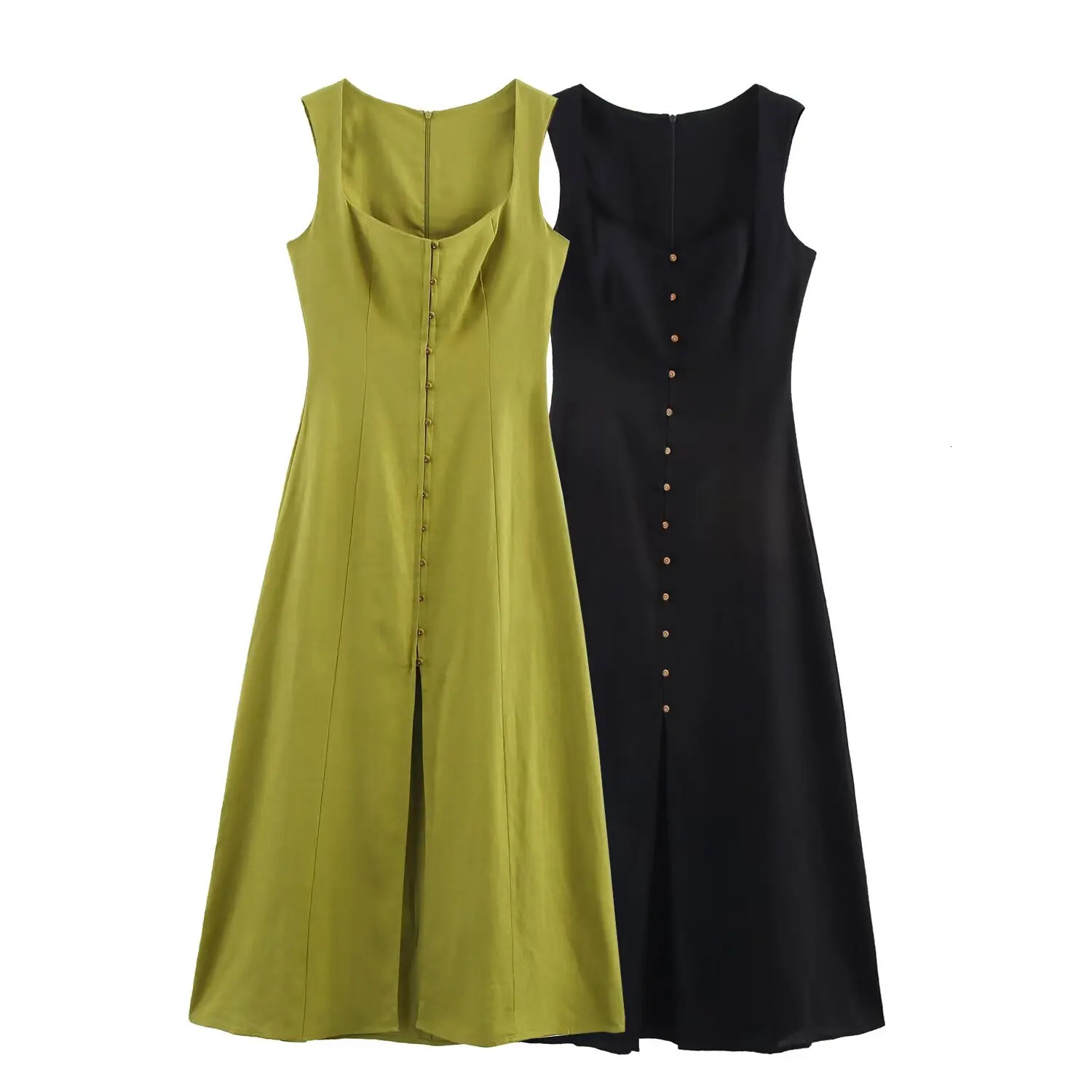 UNIZERA Sleeveless Square Collar Singlebreasted Simple and Fashionable Temperament Versatile Dress Womens Clothing 250513