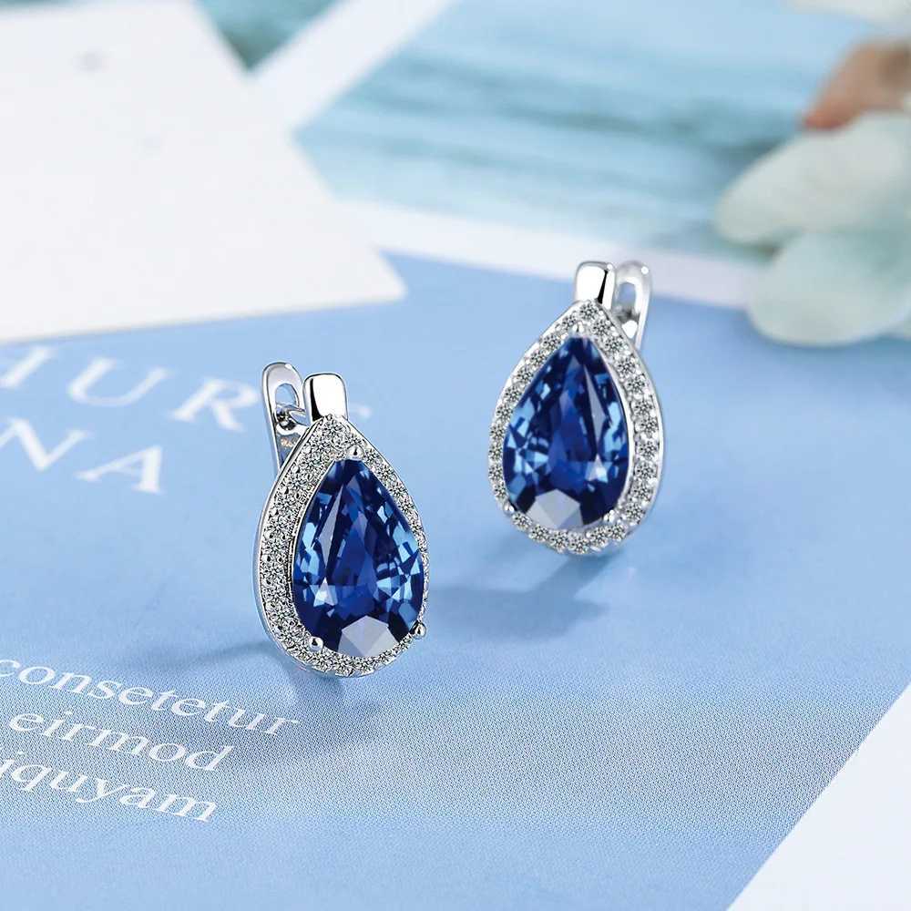 Ins Pear Cut Blue Black Green Red Zircon Hoop Earrings For Women Silver Color Small Ear Buckle Wedding Party Versatile Jewelry Y250510