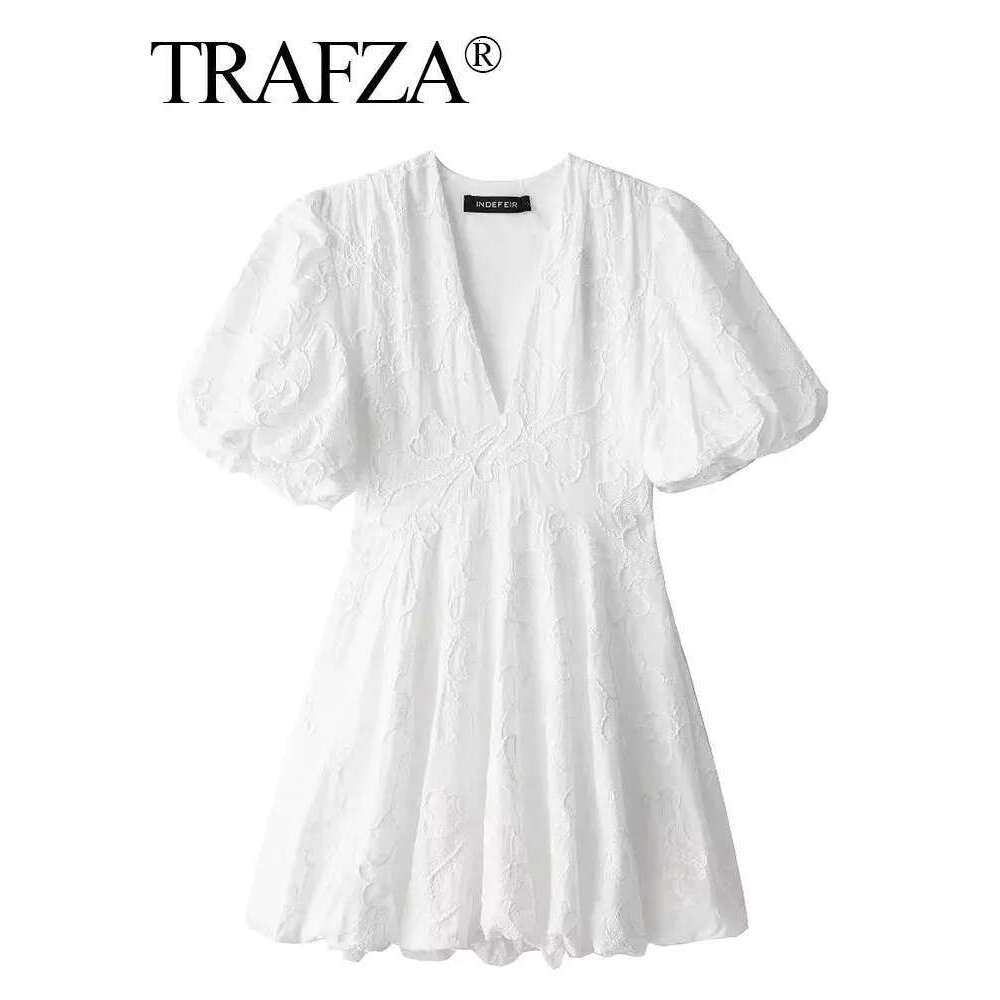 TRAFZA Women Elegant White Dress Short Sleeve V Neck Embroidered Mini Dresses Summer Female Casual Streetwear Vestidos TRAF