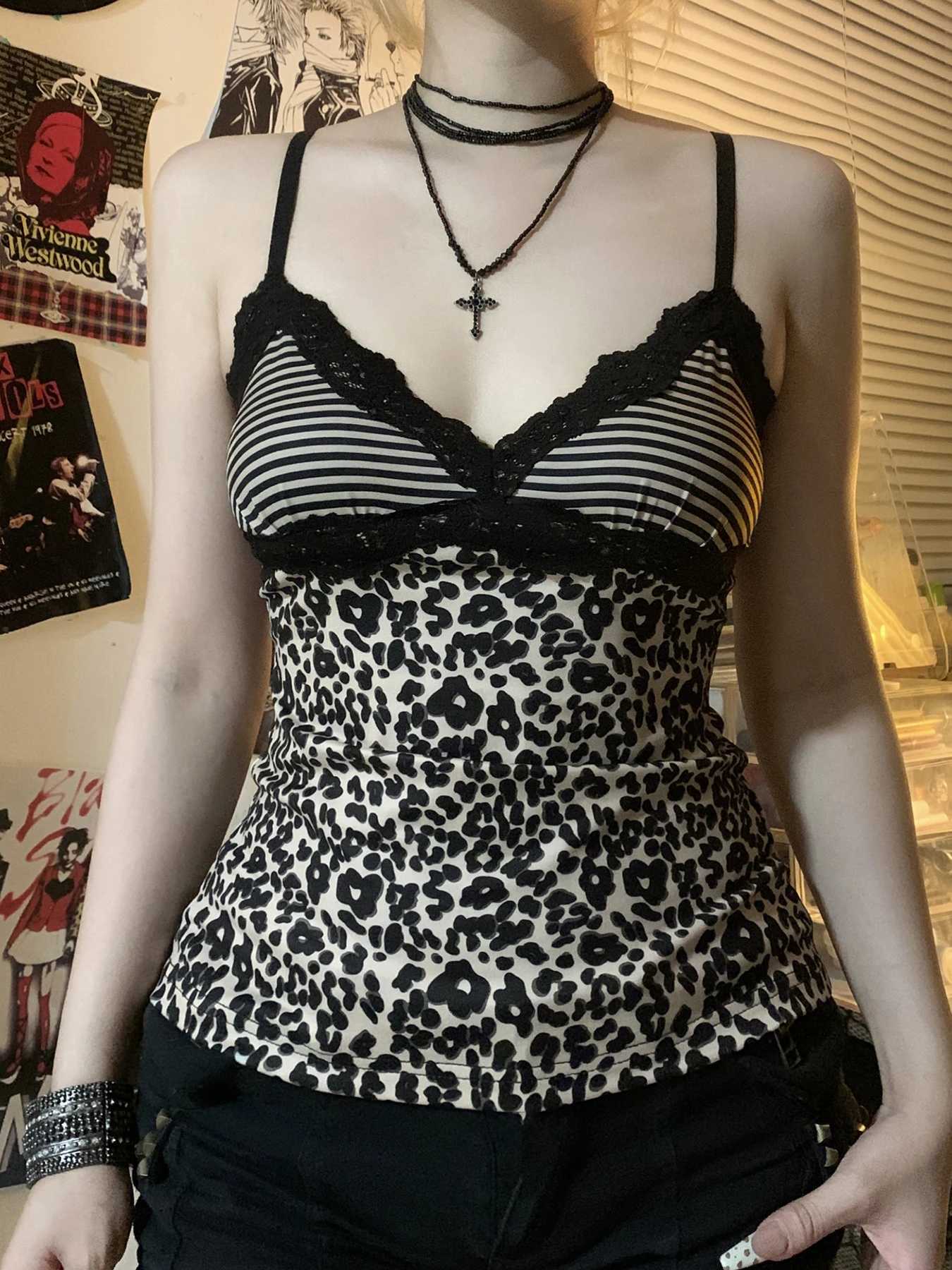 Rockmore Leopard Print Camisole Coquette Lace Frill V-neck Crop Top for Women Sexy Backless Y2K Vintage Stripe Patchwork Vest M250513