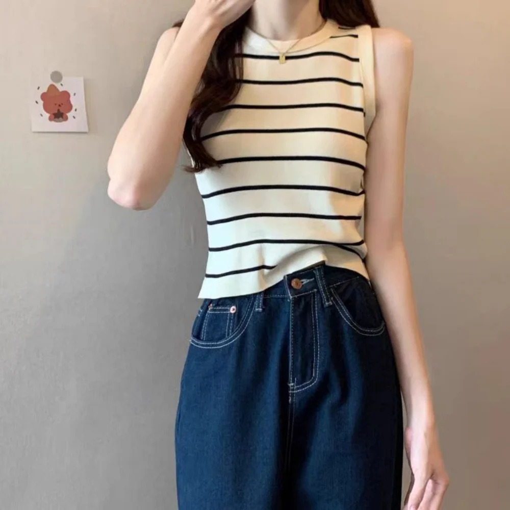 Matching Stripe Tanks Of Woman Chic Casual Sleeveless Tops Tees Korean Basic Ladys Knitted Vest Trend Sweaters Jumper 250513