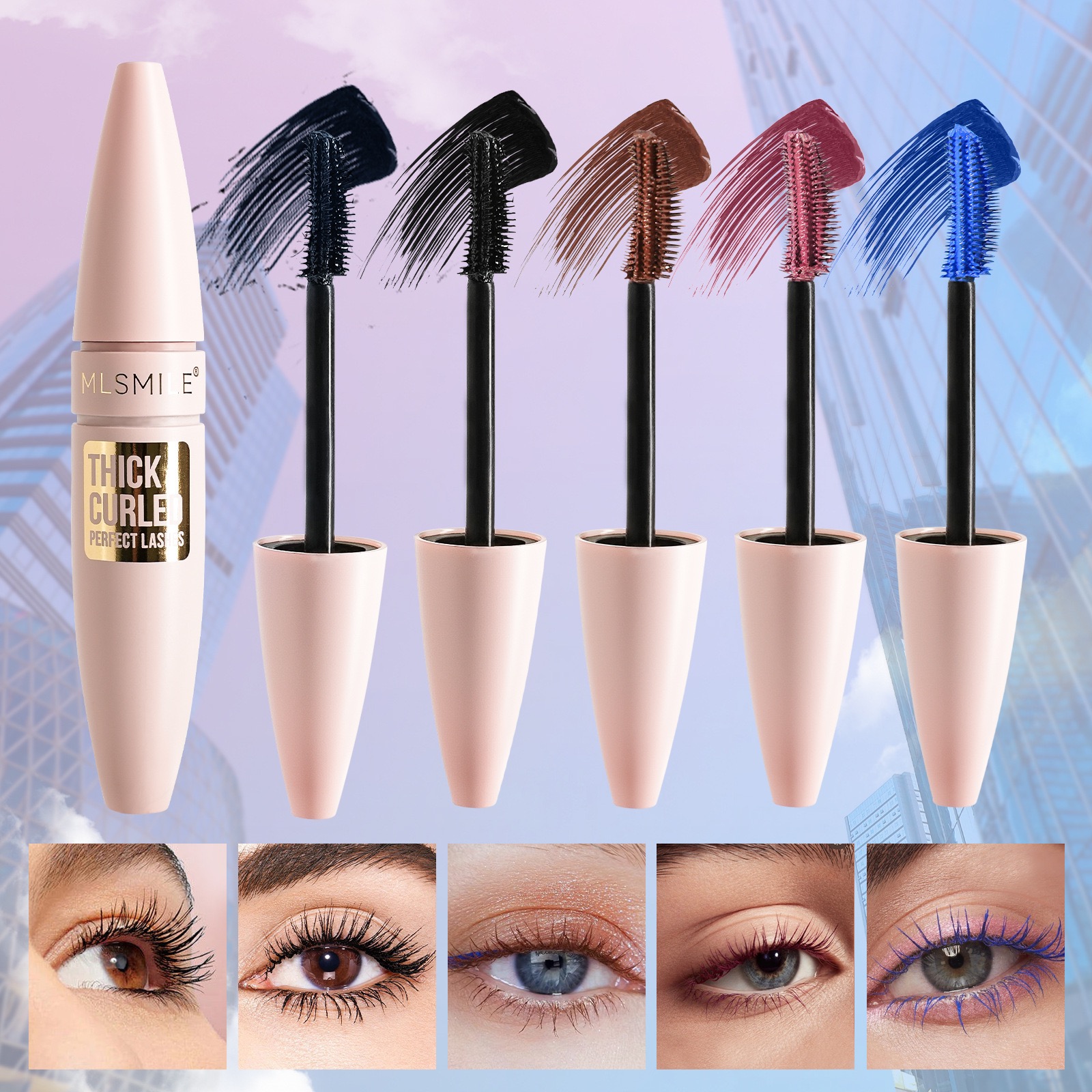 MLSMILE High pigmentation Mascara 5 colors Voluptuous Volume Intense Lash-lifting Waterproof mascara Length Feathery No Clumping No Flaking No Smudgin