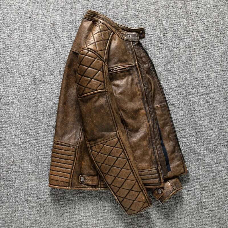 Vintage Leather Yellow Brown Thick 100% Genuine Cowhide Biker Jacket Slim Fit Men Motorcycle Coat Spring ASIAN SIZE