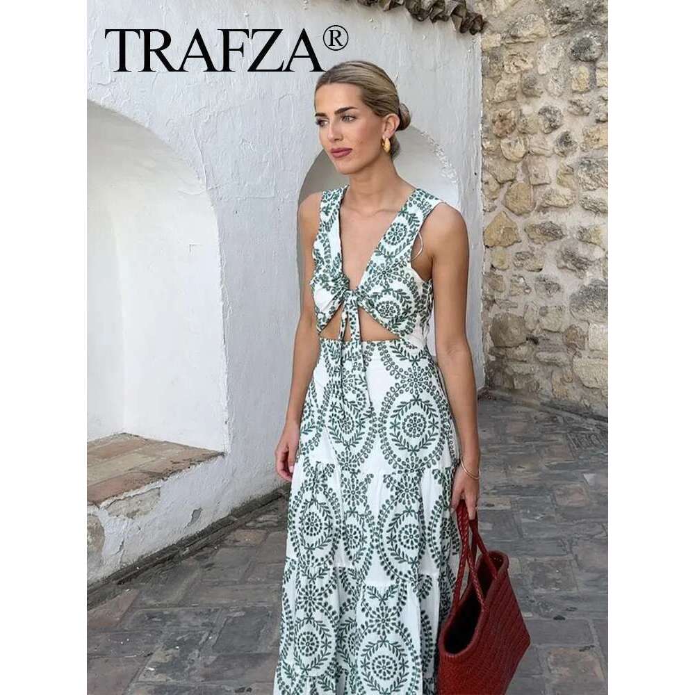 TRAFZA Woman Summer Long Dresses Green Embroidery Sleeveless Sexy Backless Dress Female Beach Style For Holiady Vestidos