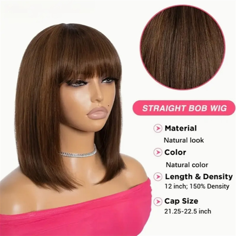 Heat Resistant Synthetic Wigs for Daily Wear: Sleek Short Bob with Fringe