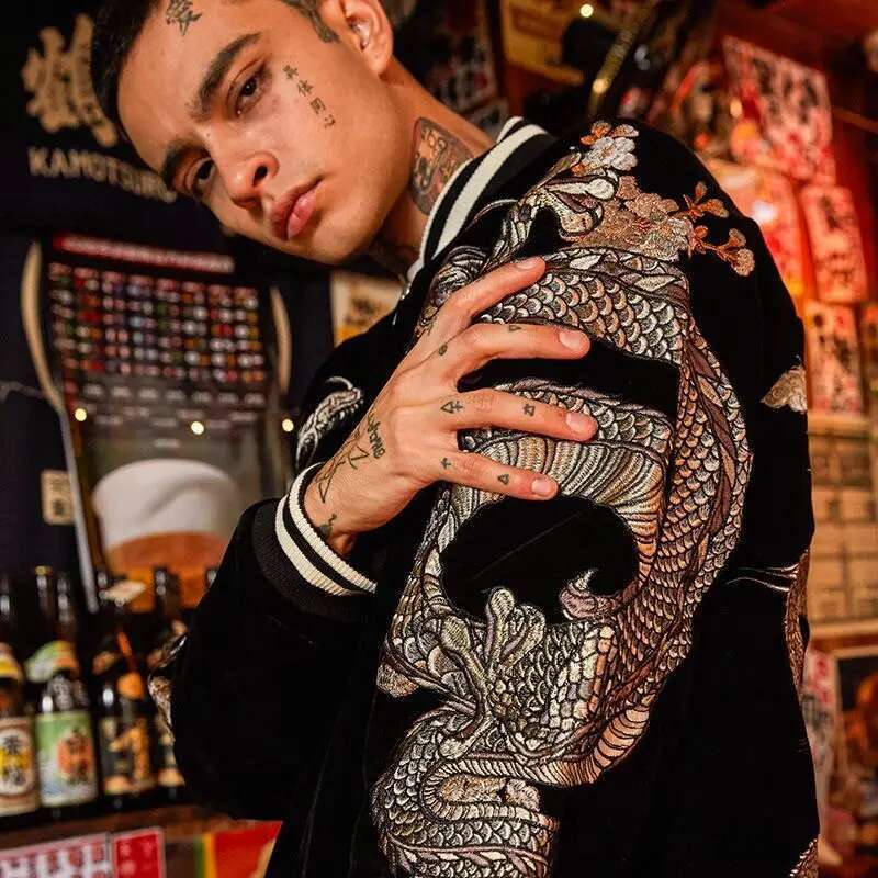 Winter Embroidered Dragon Baseball Uniform Coats Trendy Spring Autumn Men and Women Heavy Yokosuka Chinese Style Coat