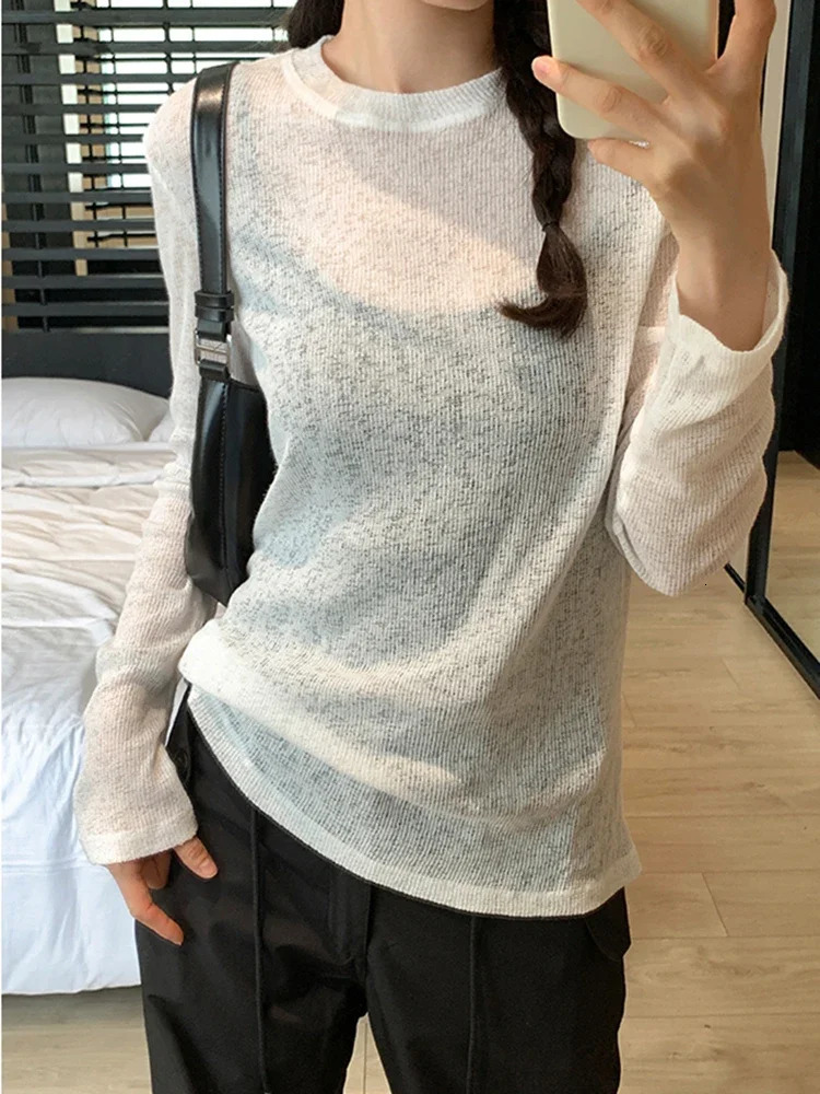 AOSSVIAO Womens White Long Sleeve TShirt Spring Summer Basic Loose Fit Fashion Sexy See through Casual Tee Femme Thin 250513