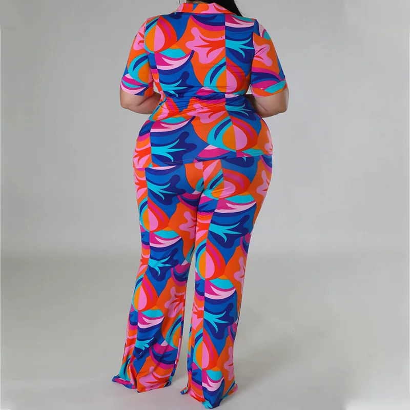 Perl Plus Size Printed Curve Two Piece Set Womens Holiday Single Chest TopPants Street Matching 250506