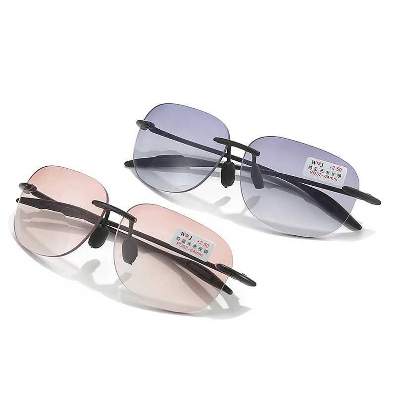Fashion Ultralight Bifocal Glasses Trendy Anti-blue Near and Far Reading Glasses Sqaure Rimless UV400 Sunglasses for Men Women W250513