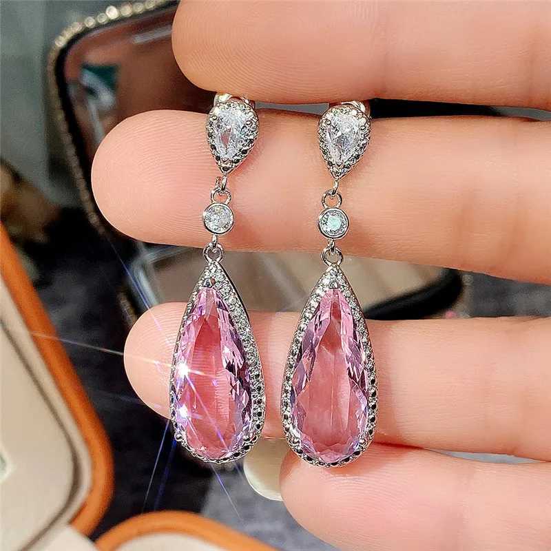 Huitan Luxury Big Water Drop Pink CZ Dangle Earrings for Women Novel Design Engagement Wedding Accessories Party Fashion Jewelry Y250510
