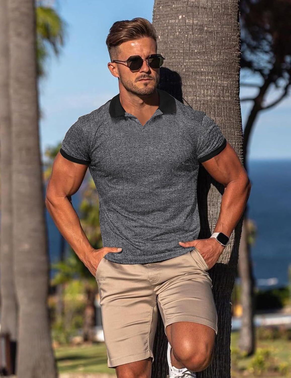 Mens Polo shirt Mens Muscle Polo Shirts V Neck Slim Fit Short Sleeve Golf T-Shirts Contrast Collar Cotton Tee Shirt Polos shirts tshirt Casual tops su