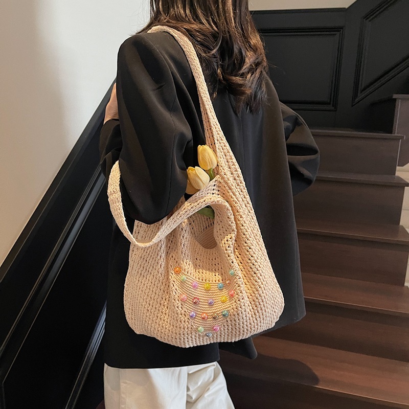 Beach commuting one shoulder tote vacation woven summer colorful pearl hollow out large capacity armpit bag, women's
