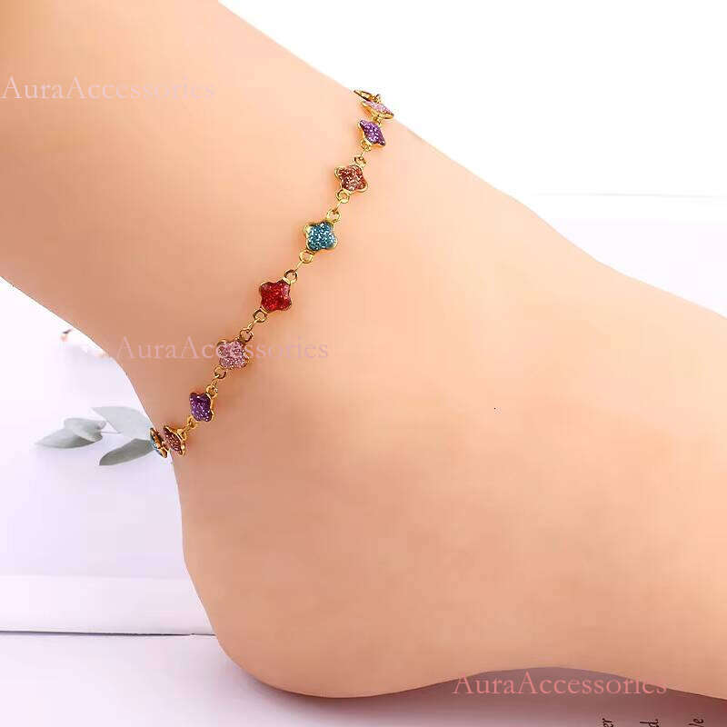 Exclusive Design Colorful Cubic Zircon Chain Bracelet Golden Stainless Steel Anklet for Women Jewelry Gift