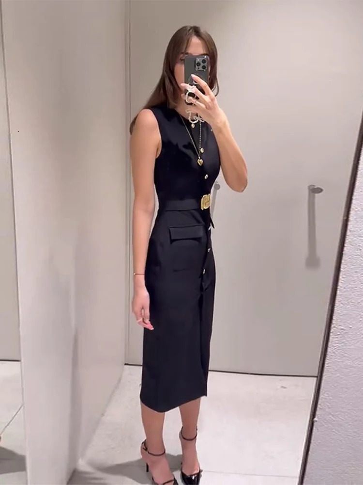 Black Elegant Long Dress With Belt Women Slim Single Breasted Front Split Sleeveless Female Dresses Summer Lady Vestido 250513